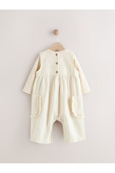 Next Baby 100% Cotton Cream Ruffled Overalls Bodysuit Set