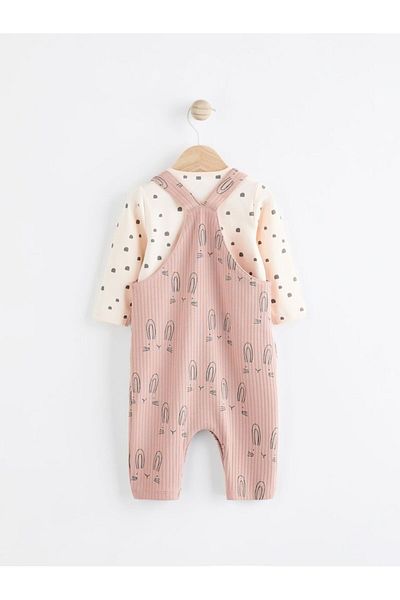 Next Baby Cotton Pink Rabbit Patterned Overalls Bodysuit Set