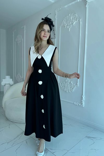 HELİS BUTİK Rose Detailed Atlas Black Dress