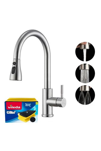 TrioStore Premium Kitchen Sink Faucet, Pull-out Nozzle with 70 cm Hose, Vileda Sponge