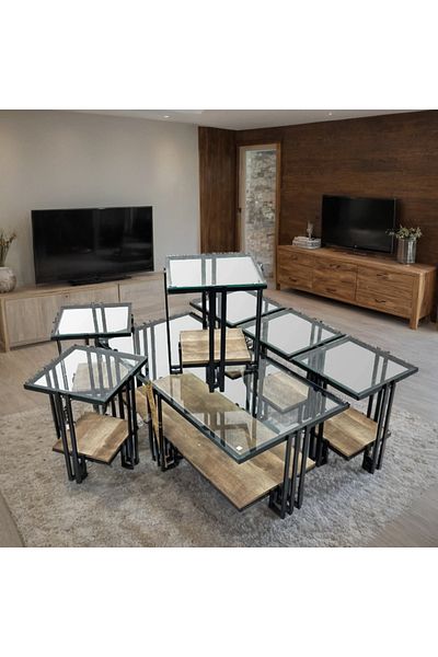 Ch 7-piece glass table set with wood and iron legs
