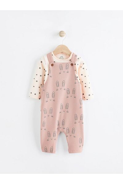 Next Baby Cotton Pink Rabbit Patterned Overalls Bodysuit Set