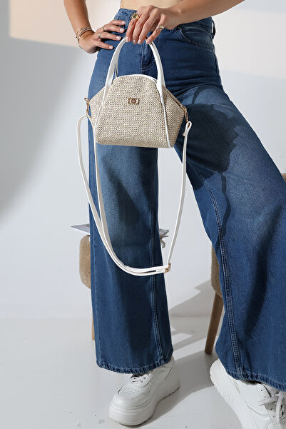 Encool Straw Look Small Size Women's Gold Buckle Zipper and Snap Detail Cross Strap Shoulder Handbag