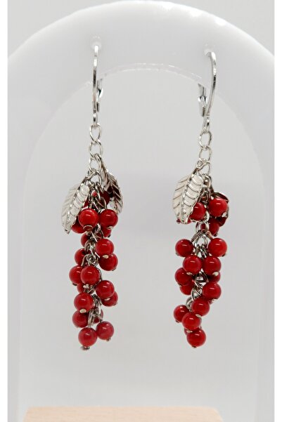 Crystal Atelier Sertifikalı Kırmızı Mercan Taşı Doğal Taş Üzüm Küpe-Aesthetic Vintage Sallantılı Salkım Üzüm Küpe