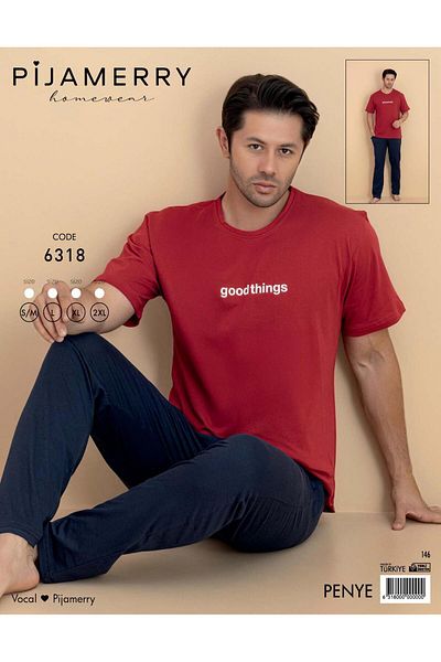 PİJAMERRY Men's Crew Neck Short Sleeve Combed Cotton Pajama Set 6318 - 1 Piece