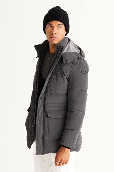 ALTINYILDIZ CLASSICS Erkek Antrasit Standart Fit Normal Kesim Çıkma Kapüşonlu Kaban