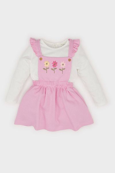 DeFacto D9326 Pink Baby Girl 2-Piece Set Crew Neck Long Sleeve Top Strap Salopet Dress