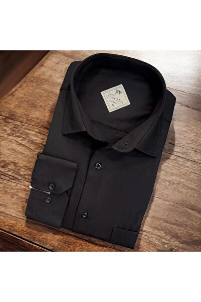 EREN STYLE Ανδρικό πουκάμισο από λινό κλασικό μακρυμάνικο μαύρο (κανονική εφα...