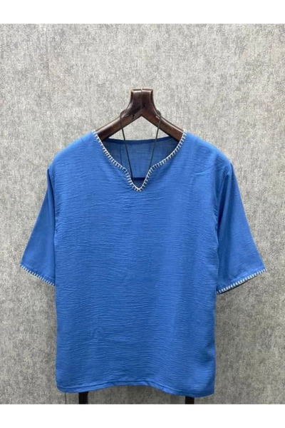 FıttingRoom Oversize Bohemian Crochet Indigo Cotton Linen Tshirt