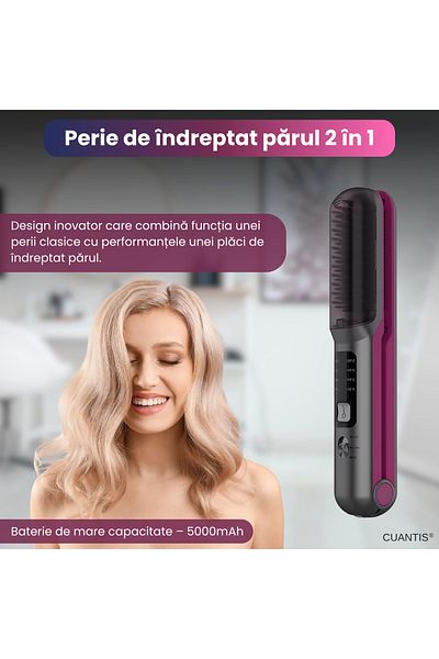 Cuantis 2in1 Cuantis portable hairbrush, 4 temperature settings, negative ions, 5000mAh battery, purple