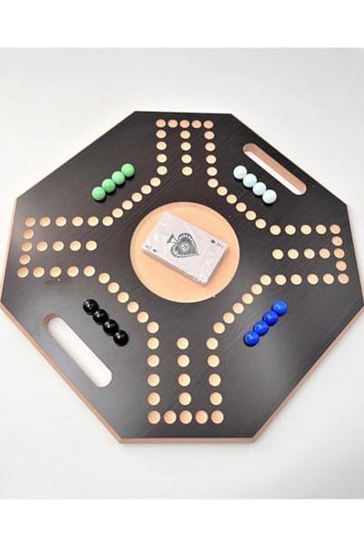Other Jackaroo Wooden Board Game, 4 Players With 1 Deck Of Cards & 16 Marbles (40x40cm)