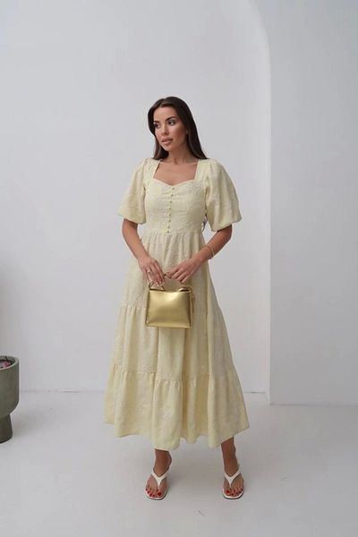 COjans Yellow Ornamental Button Balloon Sleeve Dress