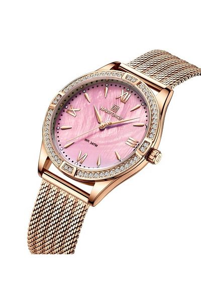 Naviforce Elegant and Luxurious Stainless Steel Mesh Strap Analog Wrist Watch with Crystal Bezel and dial