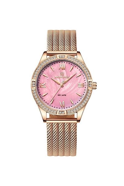 Naviforce Elegant and Luxurious Stainless Steel Mesh Strap Analog Wrist Watch with Crystal Bezel and dial