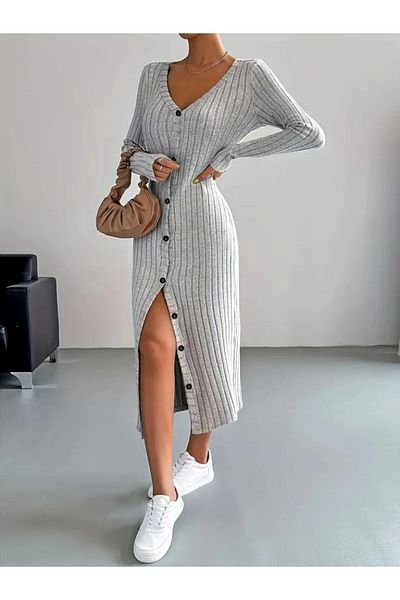 By Mino Women's Long Sleeve V-Neck Front Buttoned Shirred Camisole Dress