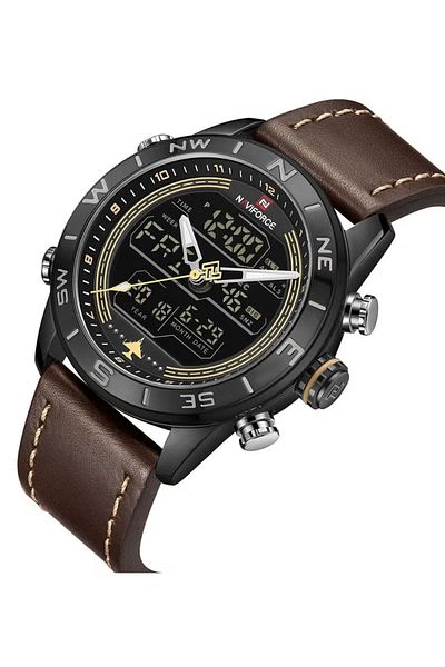 Naviforce Mens Black Aviation Chronograph Watch Black Dial Dark Brown Leather Strap Analog Digital Quartz