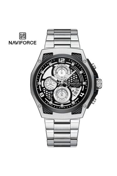 Naviforce Men’s Stainless Steel Chronograph Watch with Black and Silver Dial, Multi-Function Sports Timepiece