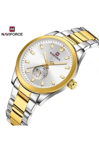 Naviforce Men's Luxury Dress Watch – White & Gold Stainless Steel Waterproof Luminous Hands Elegant Design