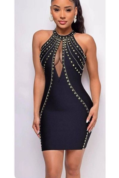 Edolika Women's Diver Fabric Stone Detailed Mini Dress