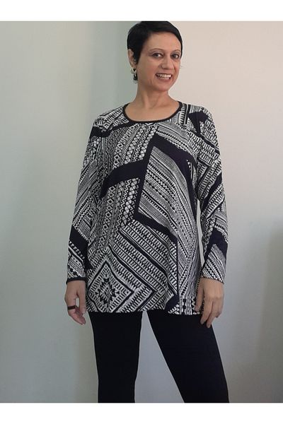 Mertcan Butik Black and White Print Long Sleeve Combed Viscose T-Shirt