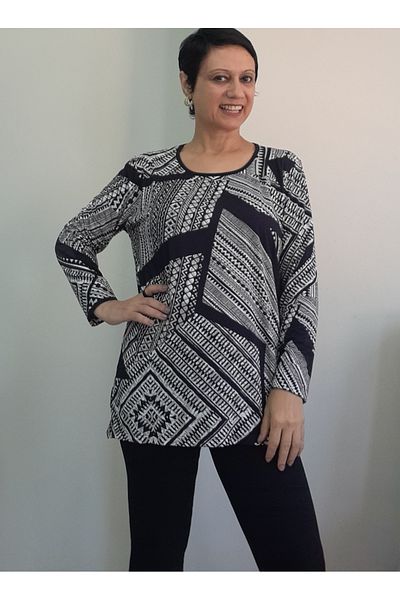 Mertcan Butik Black and White Print Long Sleeve Combed Viscose T-Shirt