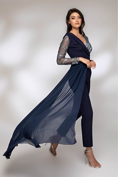 Atmosphere Fashion Navy blue jumpsuit with train and sequined sleeves
