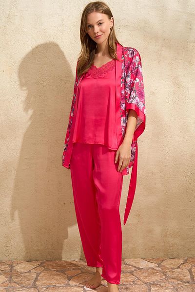 İpeksi Satin Floral Printed Dressing Gown Lace Athlete and Pants Pajamas 3-Piece Set