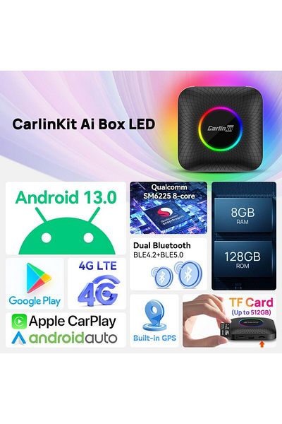 carlinkit Android 13 Ai Box LED Version, Qualcomm 8 Cores, 8+128GB, 3-in-1 Adapter with 4G Cellular,