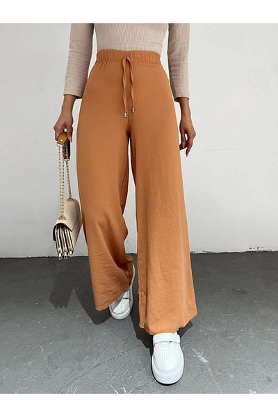 nedo7 Lace Detailed Wide Leg Elastic Waist Trousers - Apricot Color