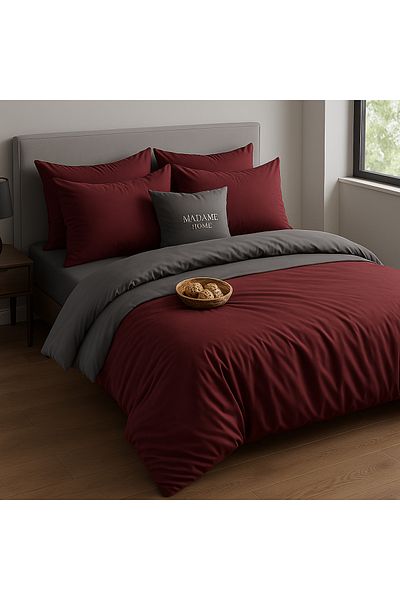 Madame Home Double Size Bedding Set with Rubber Sheet Burgundy Gray Double Sided Daily Use