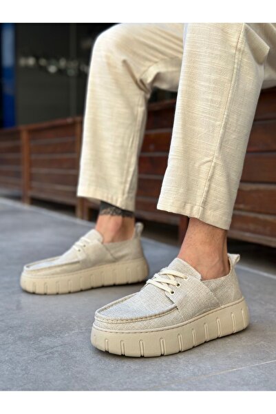 TUGERDİ Ανδρικά καλοκαιρινά παπούτσια από λινό κρεμ, ελαφριά ψηλή σόλα με κορδόνια TGE230826