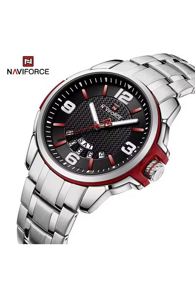 Naviforce Mens Black Dial Stainless Steel Strap Watch Analog Quartz Waterproof with Day and Date Display