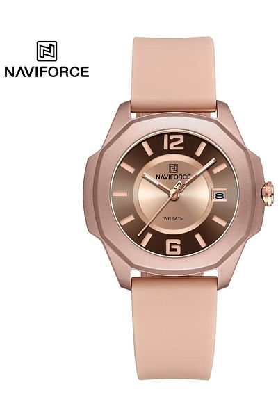 Naviforce Rose Gold Analog Watch for Men and Women Elegant Round Dial Wristwatch with Silicone Strap