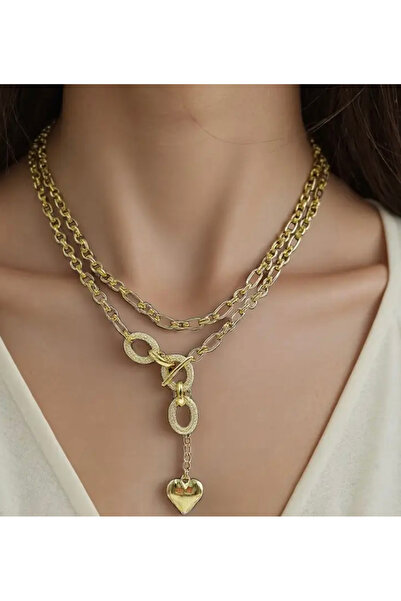 NISHPOINT ALTIN RENGİ İKİLİ ŞIK ZİNCİR KOLYE VE KALP CHARM