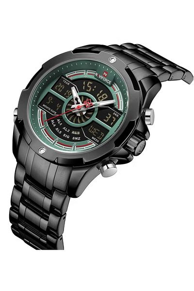 Naviforce Mens Green and Black Stainless Steel Chronograph Watch Digital Analog Quartz Movement 30M