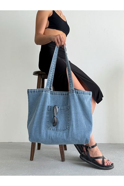 KIRASE Model nou Mega Dimensiune mare din denim Geantă de mână și de umăr de calitate, atât de ocazională, cât și elegantă, cu buzunar frontal