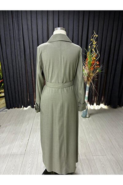 Zühre Kruvaze Yaka Kemerli Çağla Yeşili Pardesü 13787