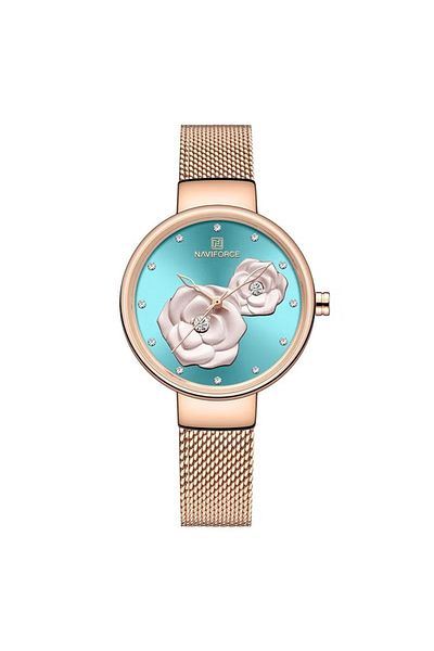 Naviforce Elegant Women's Quartz Watch Stylish Round Dial with Floral Embossed Design Sparkling Crystal
