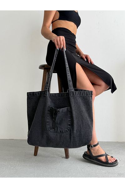 KIRASE Model nou Mega Dimensiune mare din denim Geantă de mână și de umăr de calitate, atât de ocazională, cât și elegantă, cu buzunar frontal