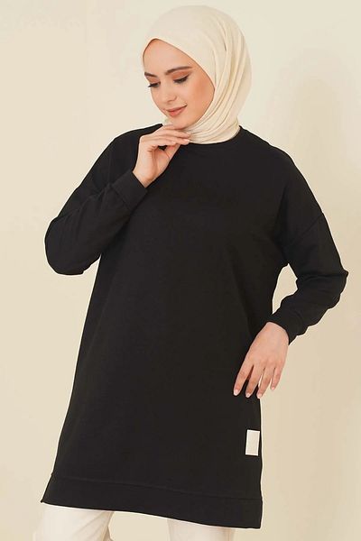 Smymoda Women's Seasonal Loose Crew Neck Embroidered Long Hijab Tunic Long Sports Model Seasonal Tunic