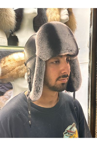 hoaryage Genuine Wolf Chinchilla Mink Fur Ushanka Pilot Leather Hat