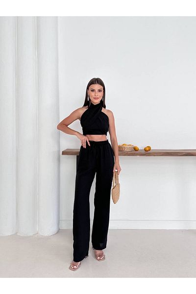 DENİKK Trend Special Design High Waist Lace up Elastic 2 Piece Crop Pants Linen Set