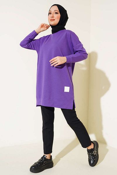 Smymoda Women's Seasonal Loose Crew Neck Embroidered Long Hijab Tunic Long Sports Model Seasonal Tunic