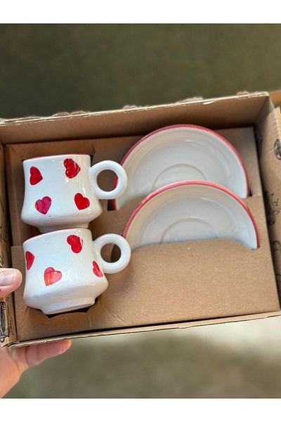 CeM Porselen 2-Person Red Heart Patterned Boiler Model Coffee Cup Set