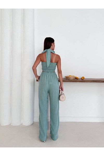 DENİKK Trend Special Design High Waist Lace up Elastic 2 Piece Crop Pants Linen Set