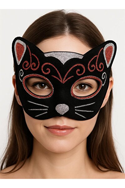 Ethab Ticaret Velvet Textured Glitter Detailed Sparkly Cat Mask Red Silver 20...