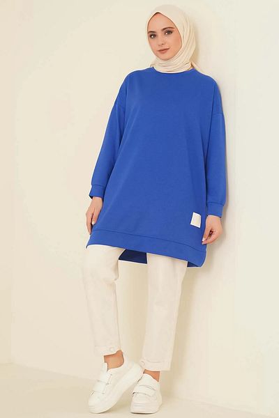 Smymoda Women's Seasonal Loose Crew Neck Embroidered Long Hijab Tunic Long Sports Model Seasonal Tunic