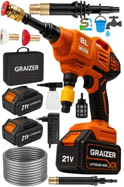 Graizer Alman T 21 V 3.0 Ah Çelik Piston Kömürsüz Şarjlı Oto Araba Yıkama Makinesi Çift Akülü Bahçe Yıkama