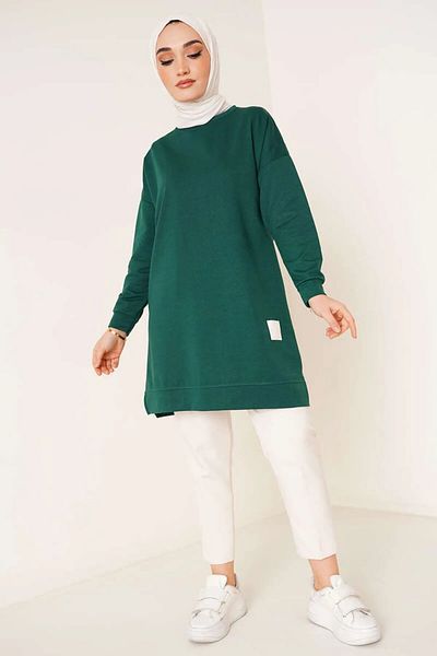 Smymoda Women's Seasonal Loose Crew Neck Embroidered Long Hijab Tunic Long Sports Model Seasonal Tunic
