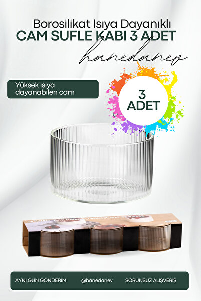 Hanedanev 3 Adet Borosilikat Cam Kase Çizgili Sufle Kabı Magnolya Çerezlik Kasesi 220 ML 8x5 Cm
